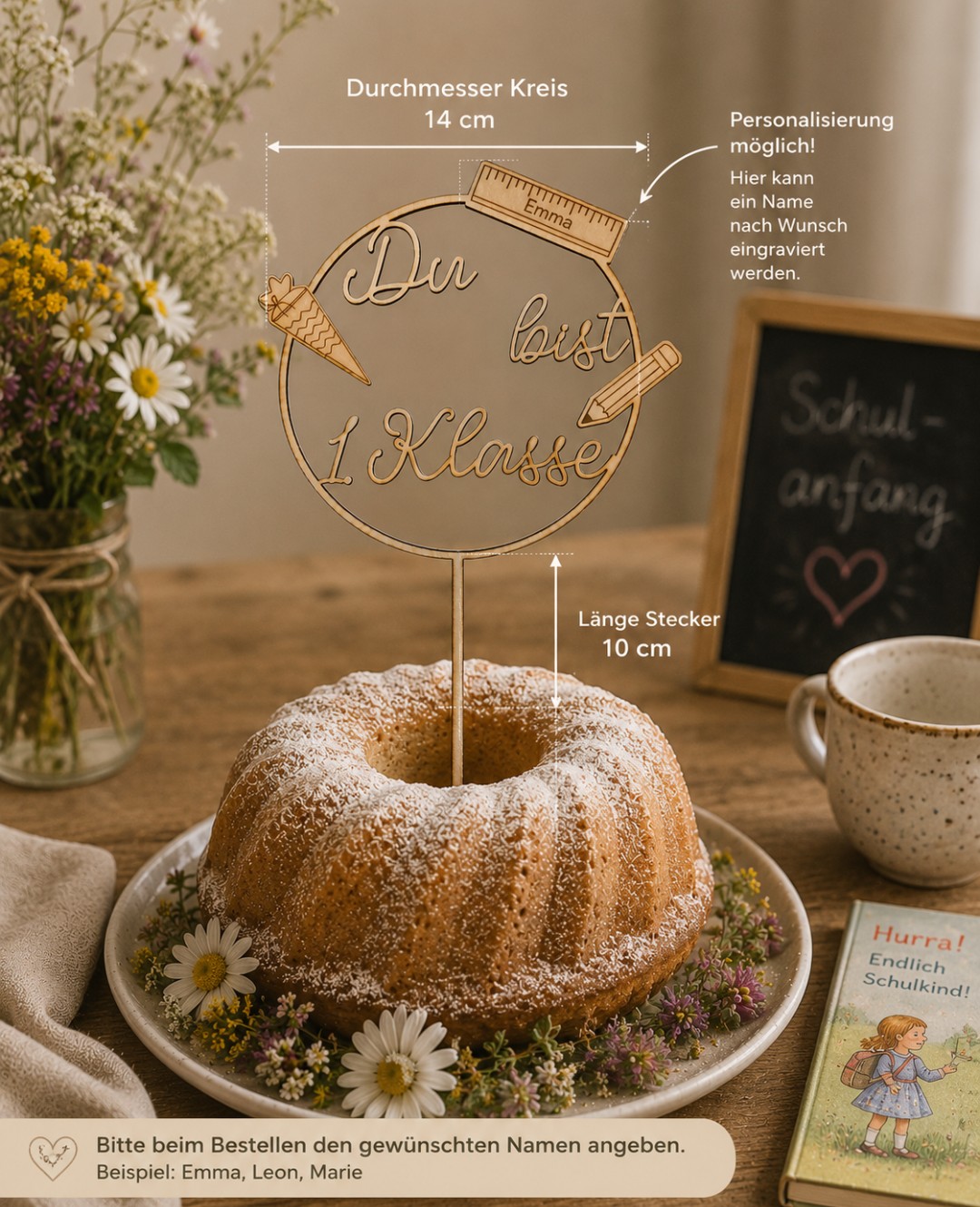 Personalisierter Cake Topper „Du bist 1. Klasse“ aus Holz | Einschulung mit Wunschname – Bild 4